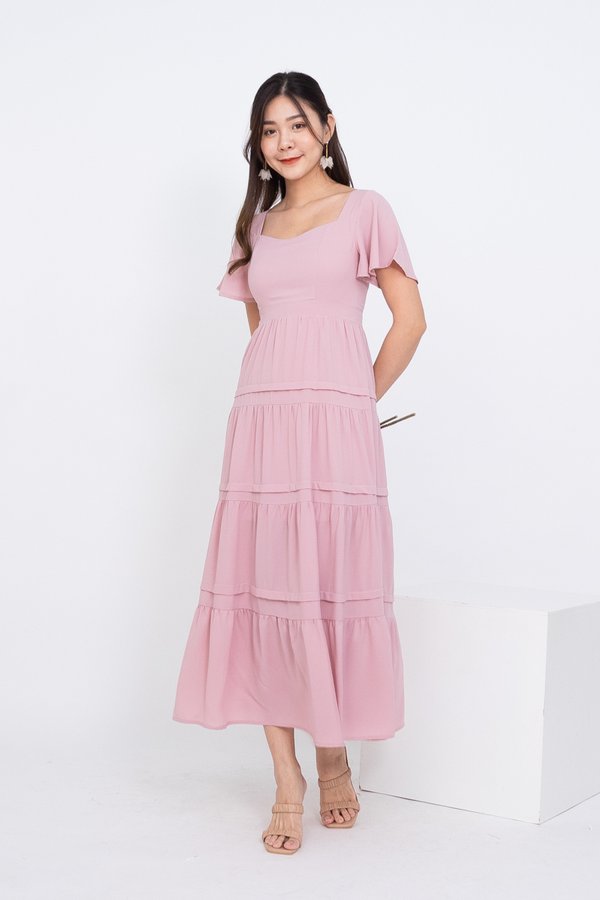 Remedy Sweetheart Flutter Sleeves Tiered Dress in Dust Pink