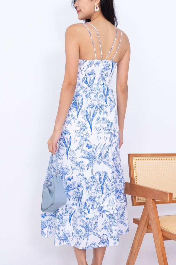 Raynell Floral Spaghetti Pleat Ruffle Maxi Dress in Blue Porcelain Florals