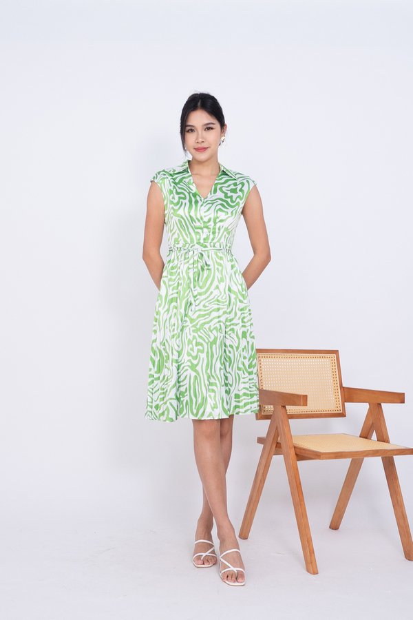 Holleen Abstract Print Pleated Dress in Green
