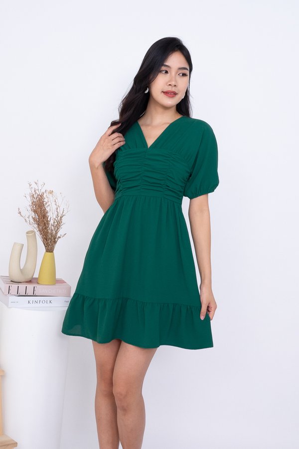 Raiko Puffy Sleeve Ruched Ruffle Romper Dress in Forest