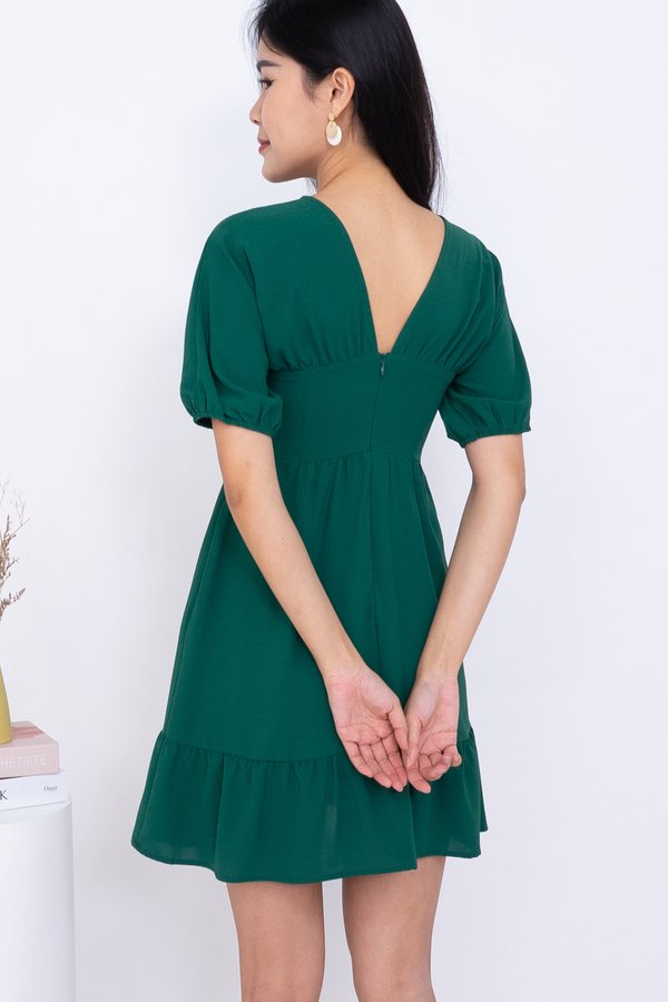 Raiko Puffy Sleeve Ruched Ruffle Romper Dress in Forest