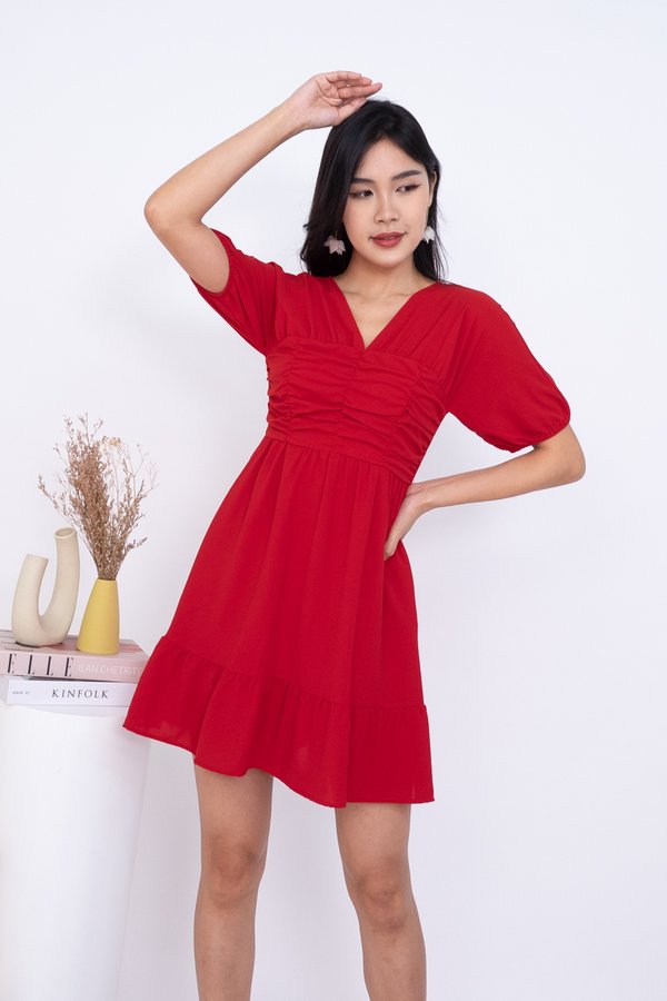 Raiko Puffy Sleeve Ruched Ruffle Romper Dress in Red