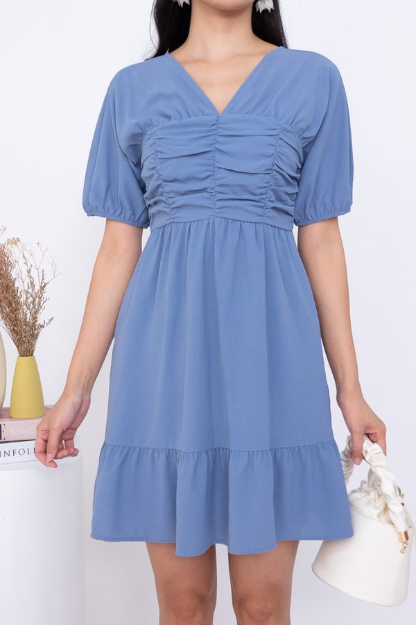 Raiko Puffy Sleeve Ruched Ruffle Romper Dress in Ash Blue