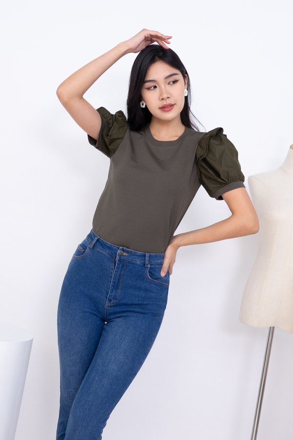 Blyss Ruffle Puff Sleeves Basic Top in Olive