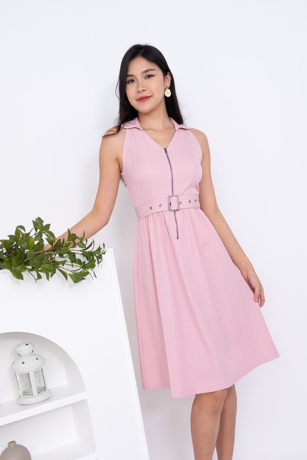 Zorya Zip Up Cut In Midi Dress in Pink