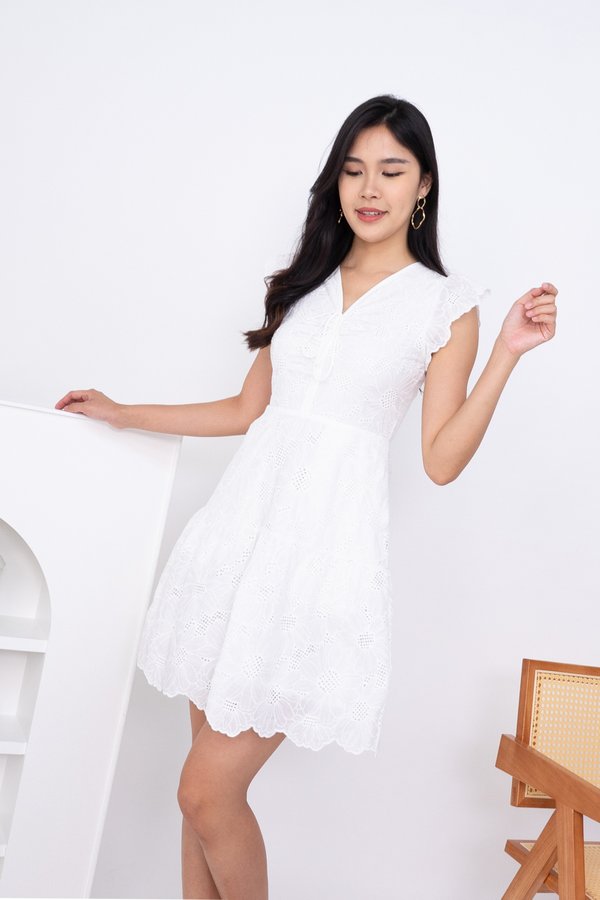 Noelle Floral Crochet Eyelet Drophem Dress in White