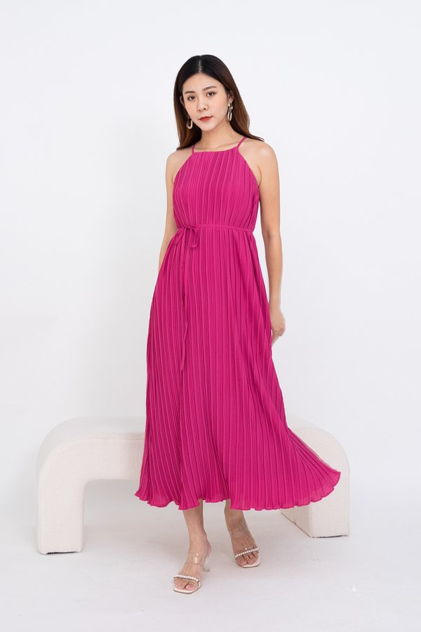 Klarissa Pleated Cut In Trapeze Maxi Dress in Fuchsia Pink