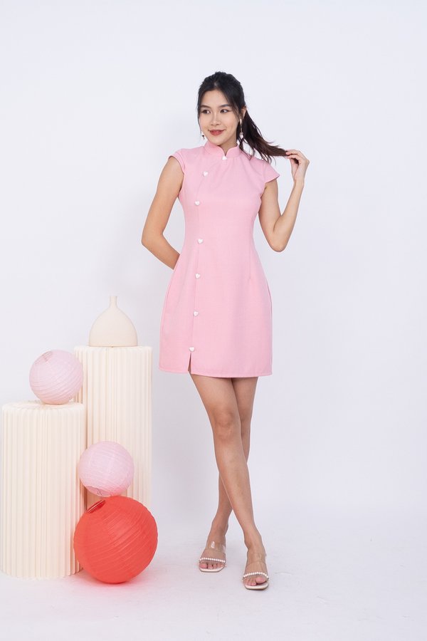 Hearty Buttons Cheongsam Dress in Pink