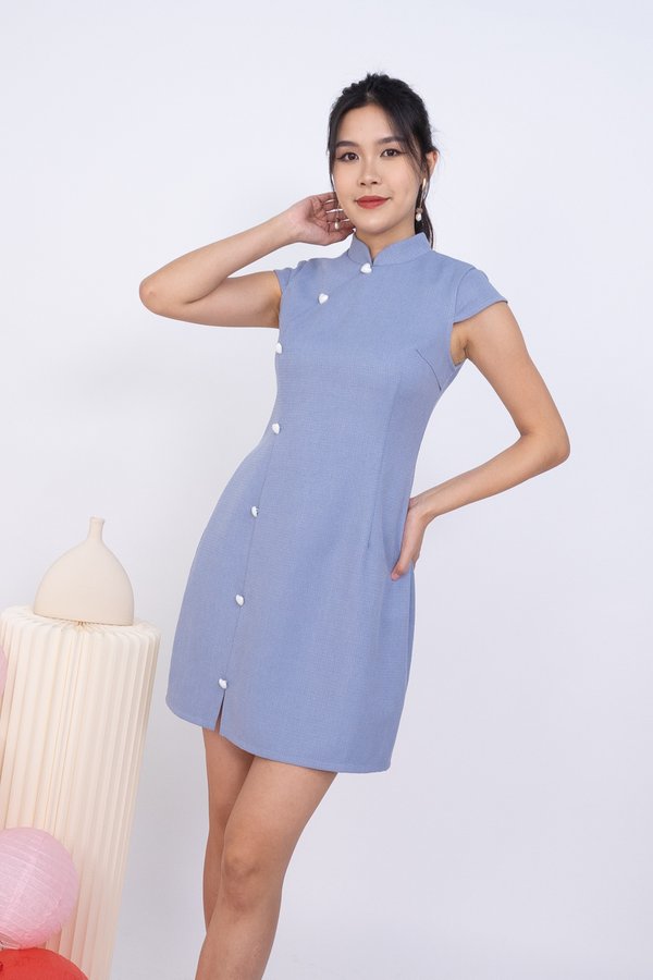 Hearty Buttons Cheongsam Dress in Blue