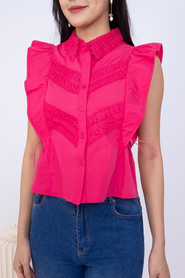 Cappy Crochet Panel Blouse in Hot Pink