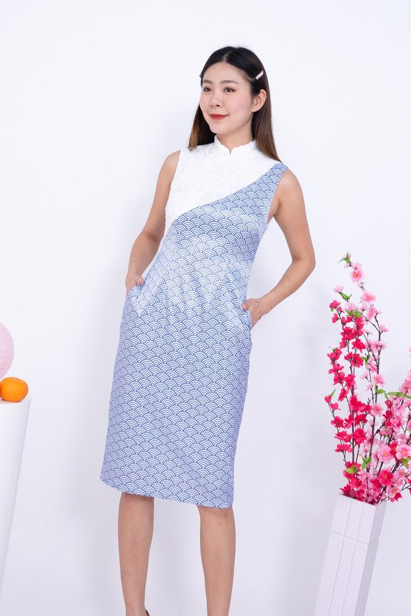 Yun (云) Crochet Overlay Print Cheongsam Dress in Blue