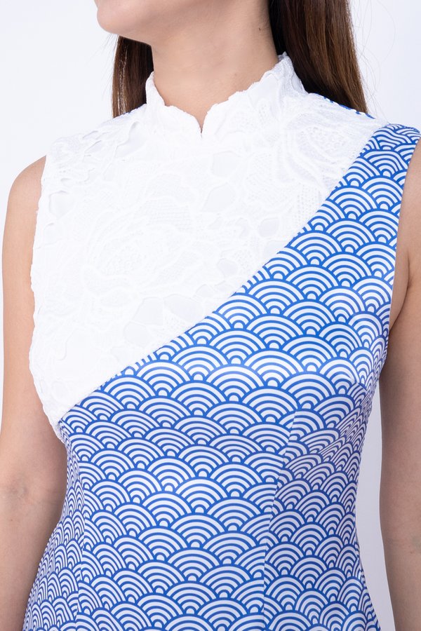 Yun (云) Crochet Overlay Print Cheongsam Dress in Blue