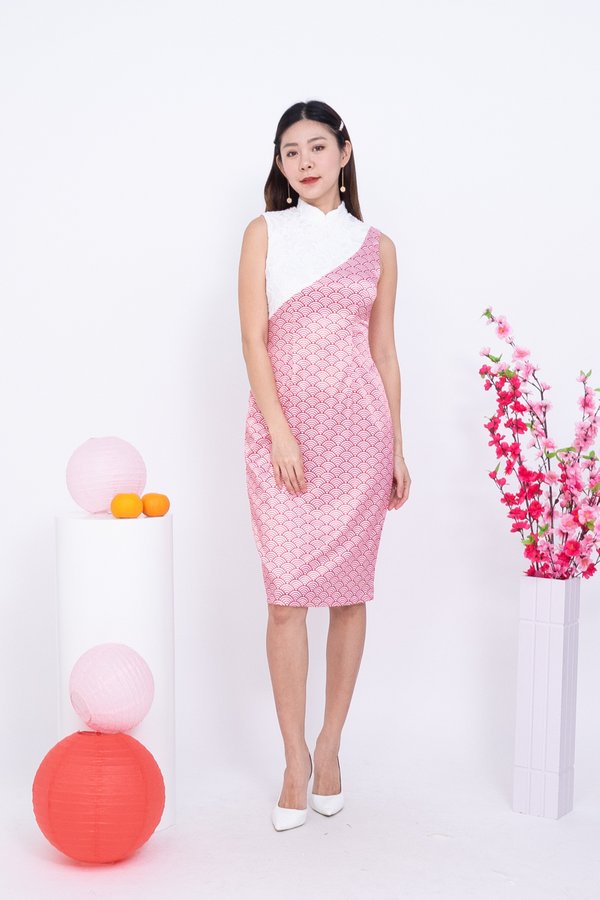 Yun (云) Crochet Overlay Print Cheongsam Dress in Red