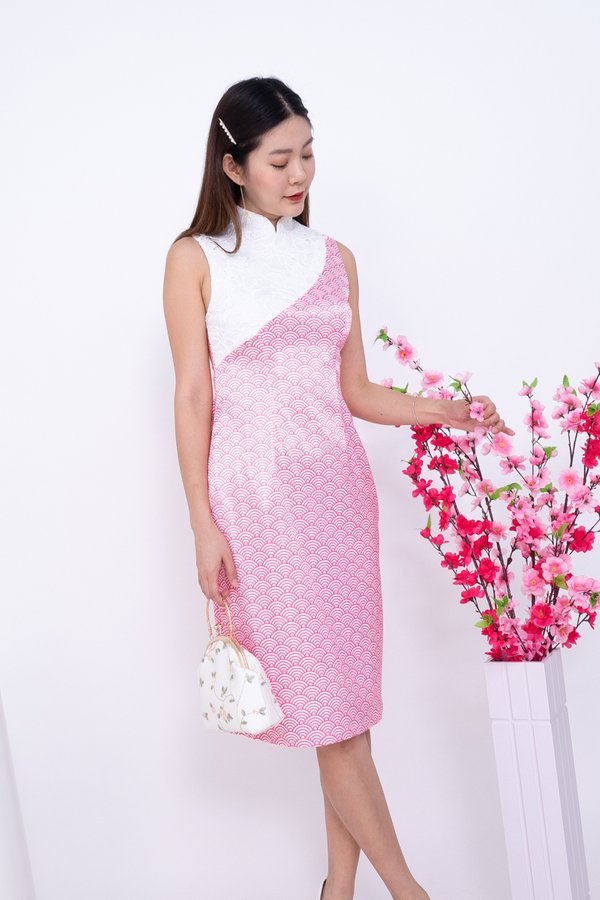 Yun (云) Crochet Overlay Print Cheongsam Dress in Pink