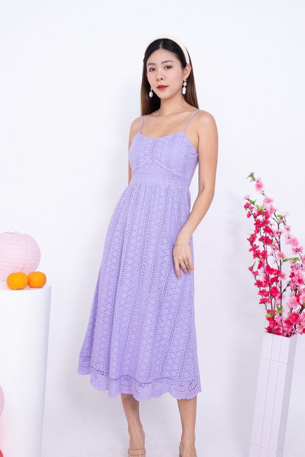 Priscilla Eyelet Spag Midi Dress in Lilac