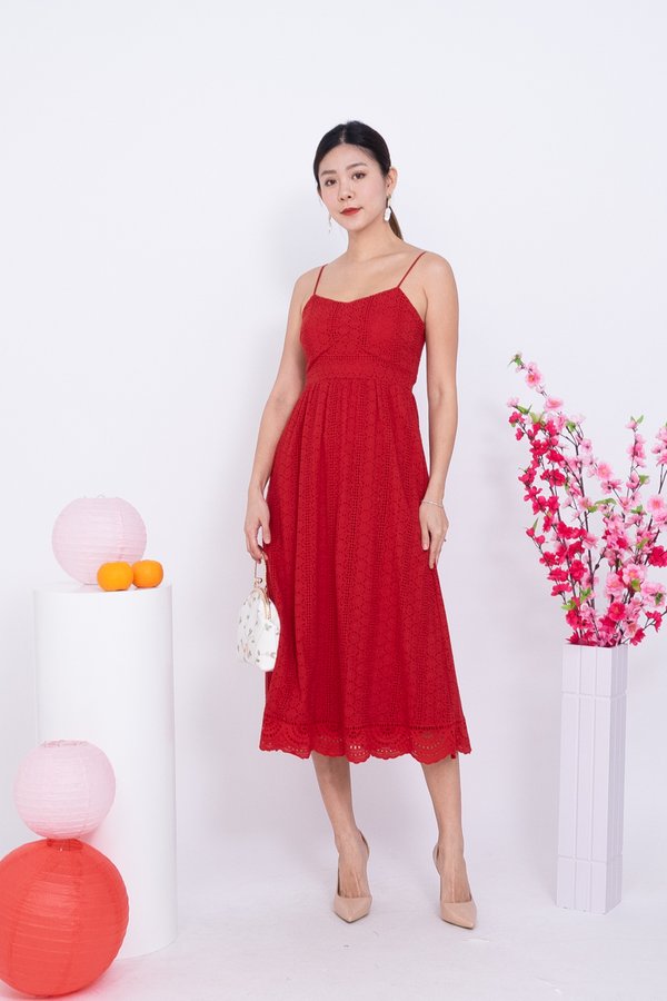 Priscilla Eyelet Spag Midi Dress in Red
