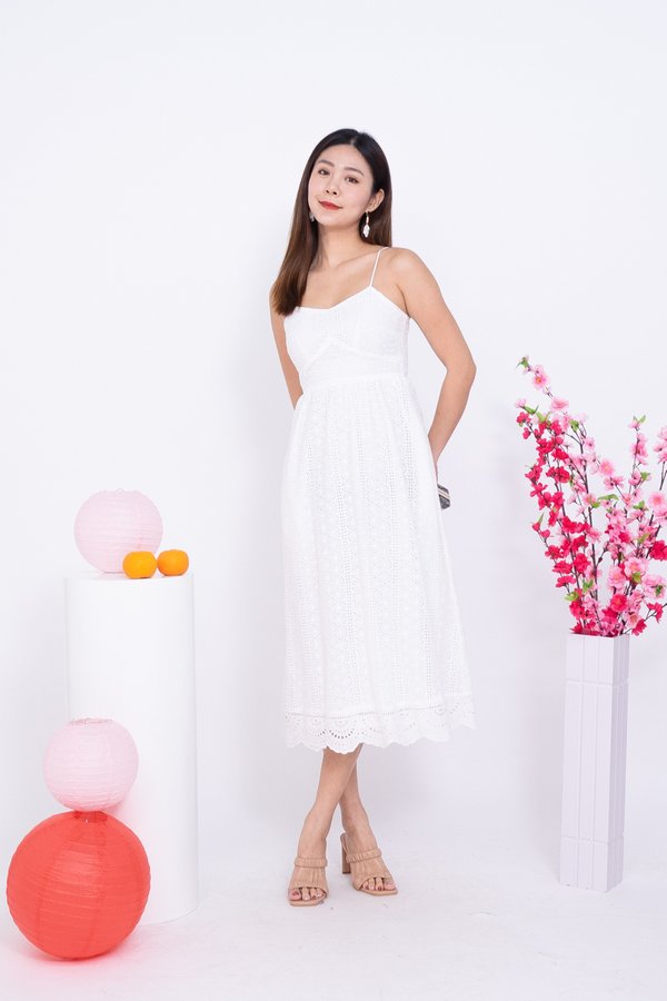 Priscilla Eyelet Spag Midi Dress in White