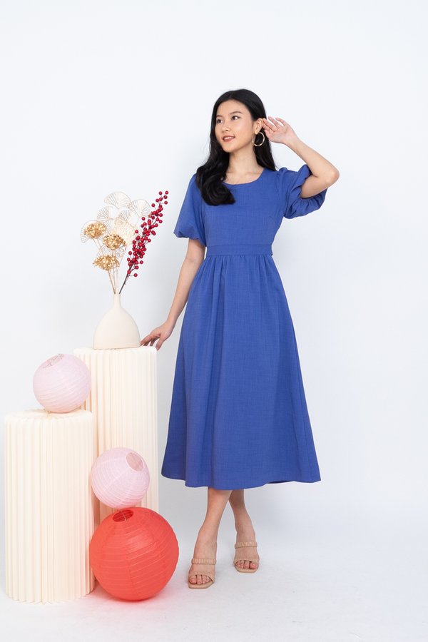 Amabelle Back Tie Cut Out Midi Dress in Blue
