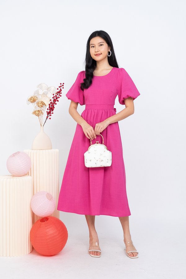 Amabelle Back Tie Cut Out Midi Dress in Hot Pink