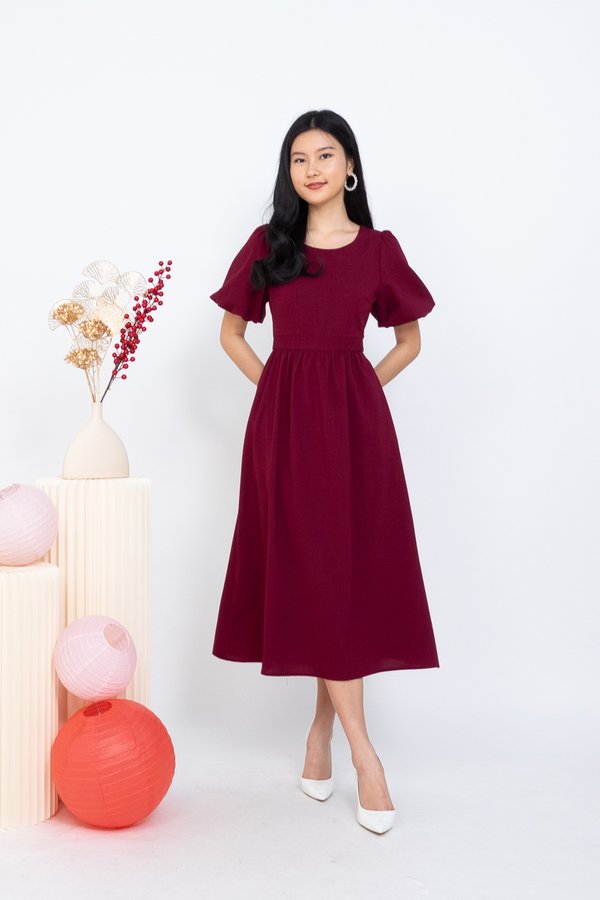 Amabelle Back Tie Cut Out Midi Dress in Maroon 