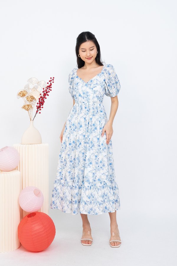 Kalia Embroidery Puffy Sleeved Maxi Dress in Blue