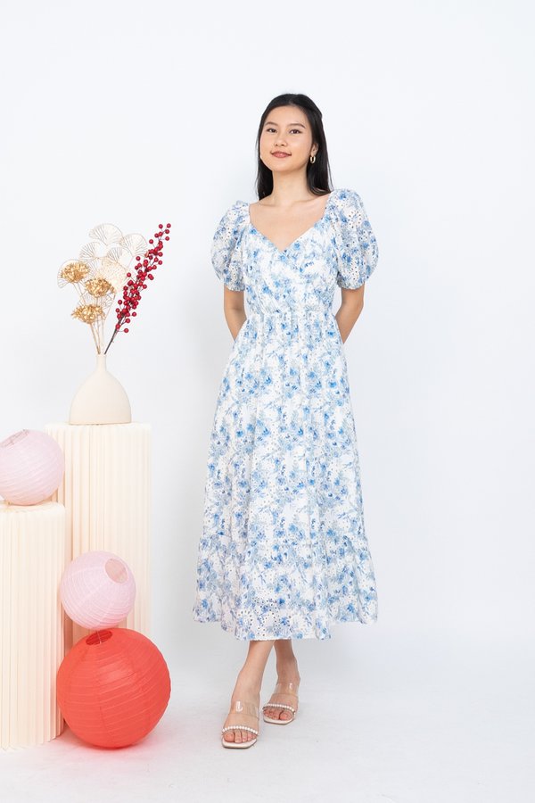Kalia Embroidery Puffy Sleeved Maxi Dress in Blue
