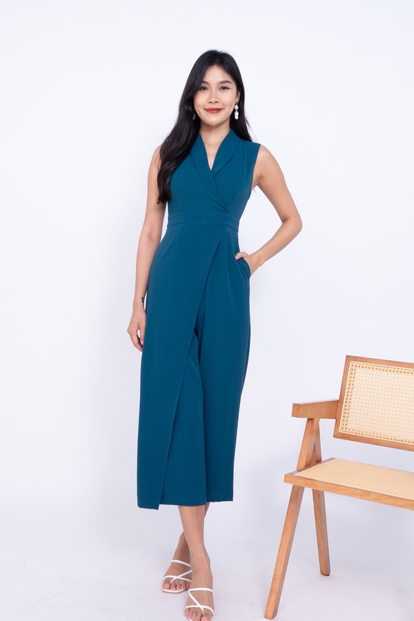 RESTOCKED Calvina Faux Wrap Front Flap Jumpsuit in Teal Green