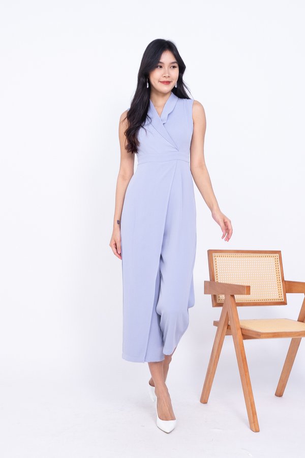 RESTOCKED Calvina Faux Wrap Front Flap Jumpsuit in Grey