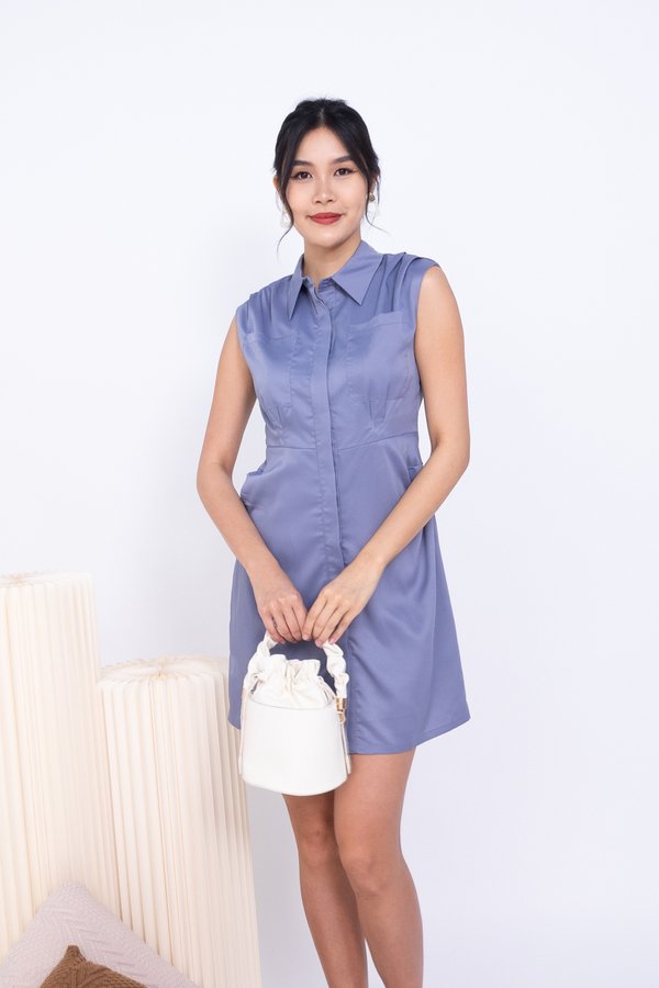 Dianna Double Pockets Ruched Dress in Ash Blue