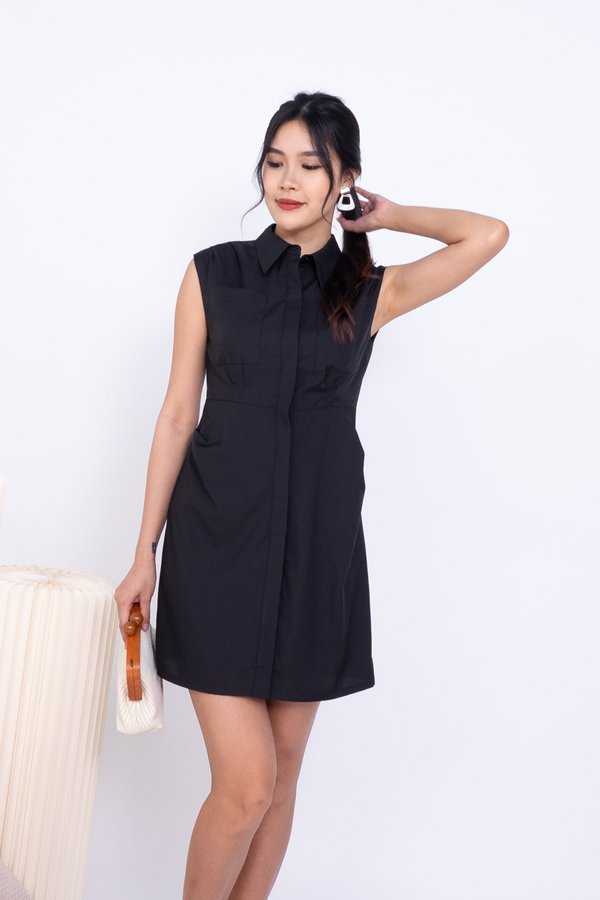 Dianna Double Pockets Ruched Dress in Black