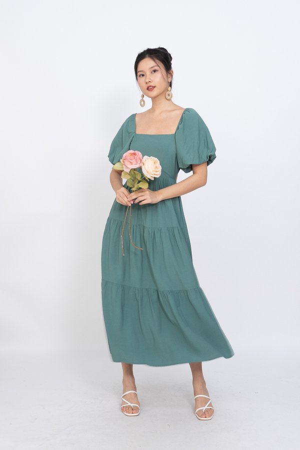 Lavinia Puffy Sleeve Back Cut Out Maxi Dress in Green
