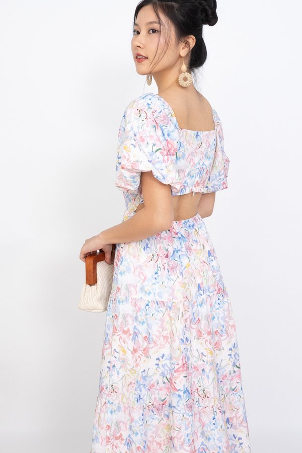 Lavinia Puffy Sleeve Back Cut Out Maxi Dress in Pastel Florals
