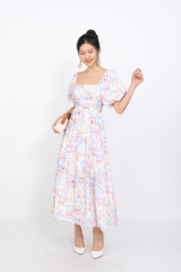 Lavinia Puffy Sleeve Back Cut Out Maxi Dress in Pastel Florals