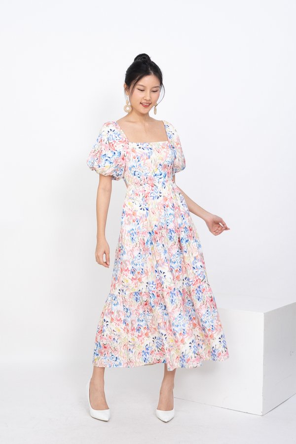 Lavinia Puffy Sleeve Back Cut Out Maxi Dress in Vibrant Florals