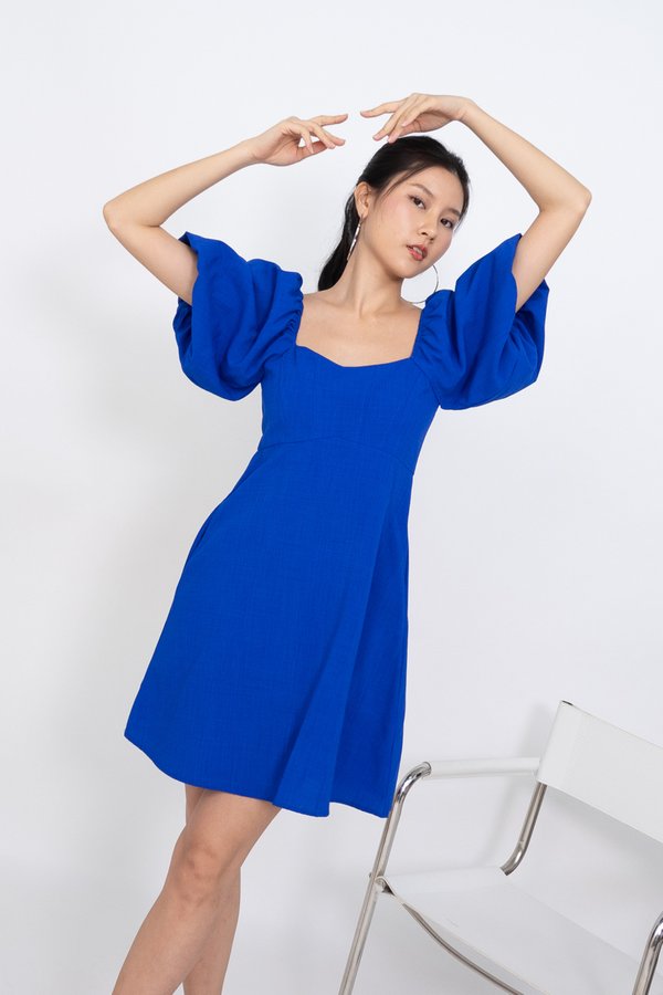 Megan Puffy Sleeve Seam Bustier Romper Dress in Cobalt Blue