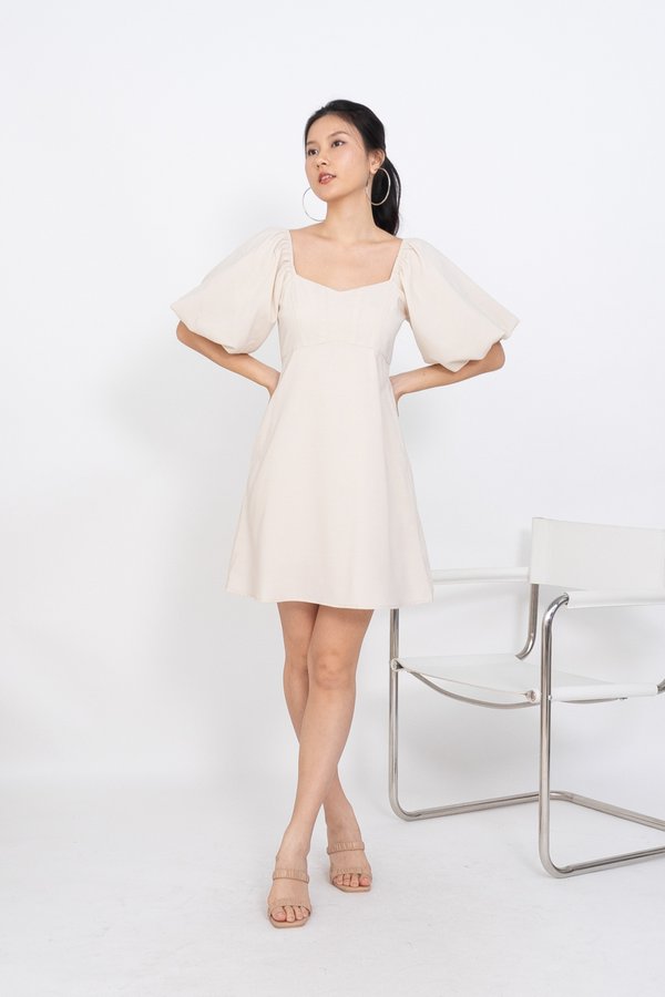 Megan Puffy Sleeve Seam Bustier Romper Dress in Cream