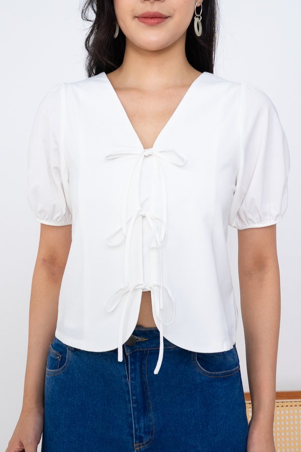 BACKORDER Dorita Puffy Sleeve Two Way Tie Blouse in White