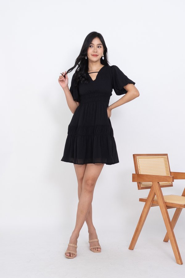 Jenni Puffy Sleeve Ruched Strap Dress in Black