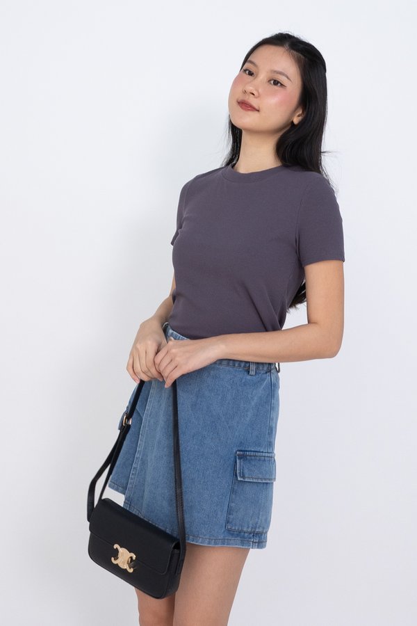 Dora Round Neck Basic Ribbed Top in Gun Metal