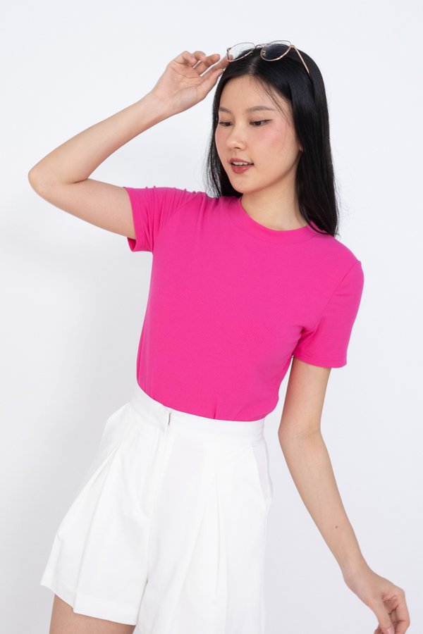 Dora Round Neck Basic Ribbed Top in Hot Pink