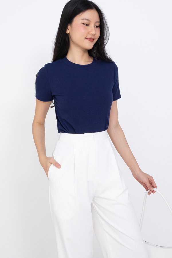 Dora Round Neck Basic Ribbed Top in Navy