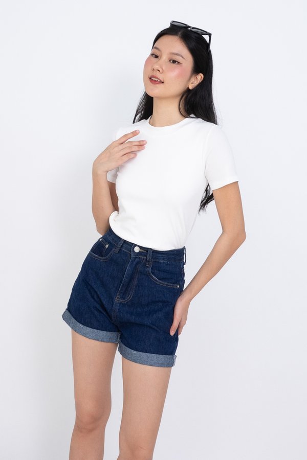 Dora Round Neck Basic Ribbed Top in White