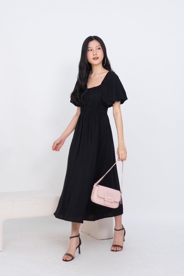 Isabelle Puffy Sleeves Ruched Midi Dress in Black