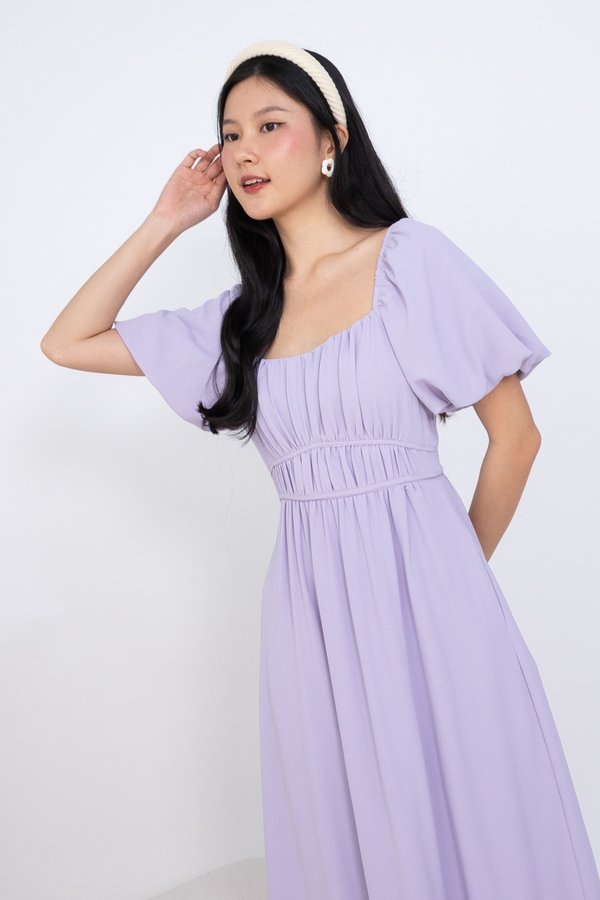 Isabelle Puffy Sleeves Ruched Midi Dress in Lilac