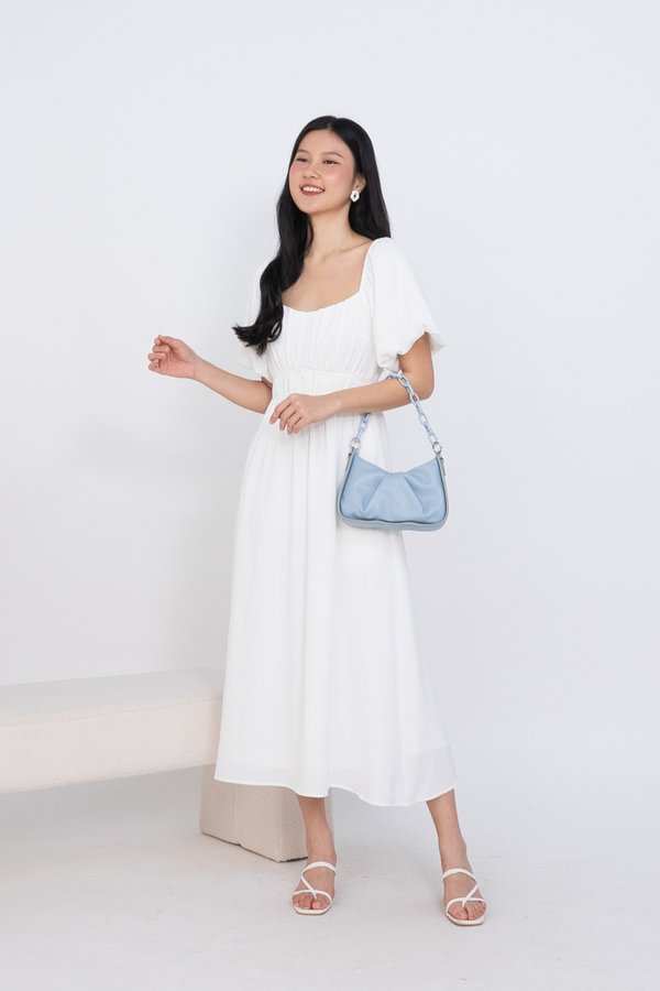 Isabelle Puffy Sleeves Ruched Midi Dress in White