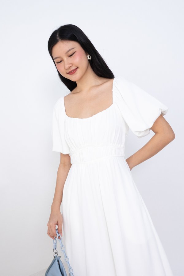 Isabelle Puffy Sleeves Ruched Midi Dress in White