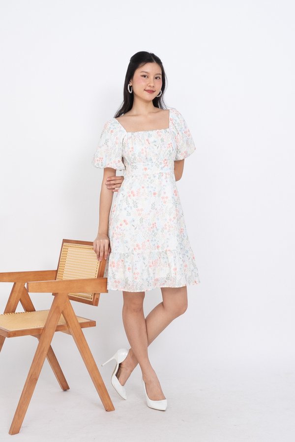 Kelsey Print Embroidery Eyelet Ruched Dress in Orange/Blue