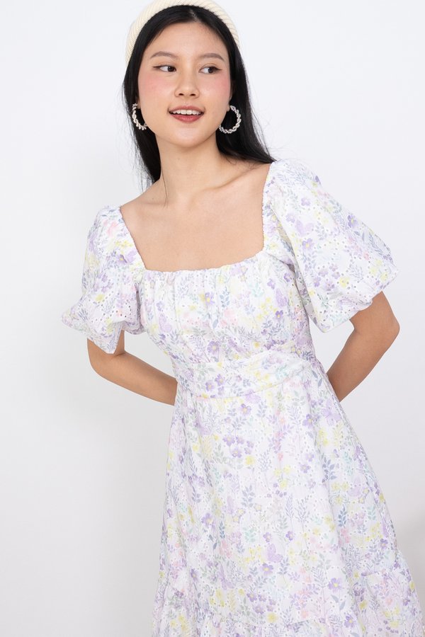 Kelsey Print Embroidery Eyelet Ruched Dress in Purple/Green