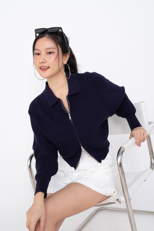 Zane Double Zipper Cardigan in Navy