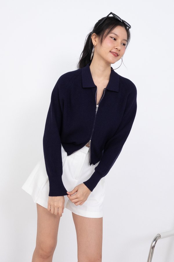 Zane Double Zipper Cardigan in Navy